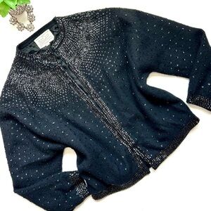 Vintage 1950s May Co. Black Wool Angora Beaded Sequin Cardigan Sweater Size 40